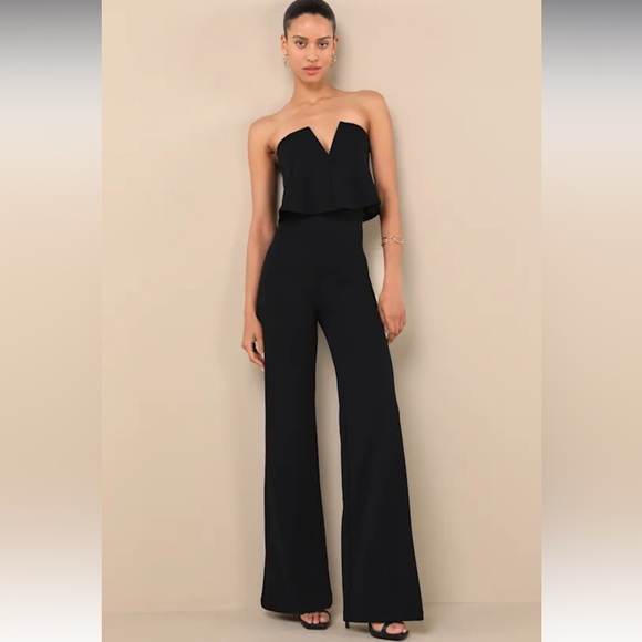 Lulus Pants - Lulu's Black Strapless Wide-Leg Jumpsuit